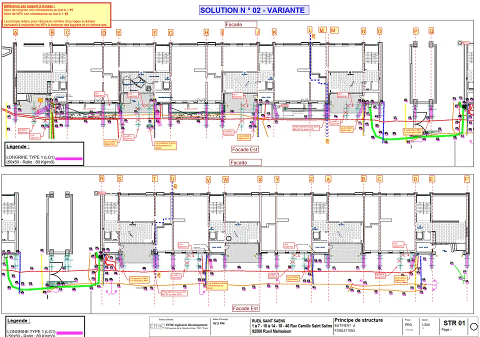Plan de principe des fondations du bâtiment A : micropieux et longrines implantés à distance des semelles existantes.