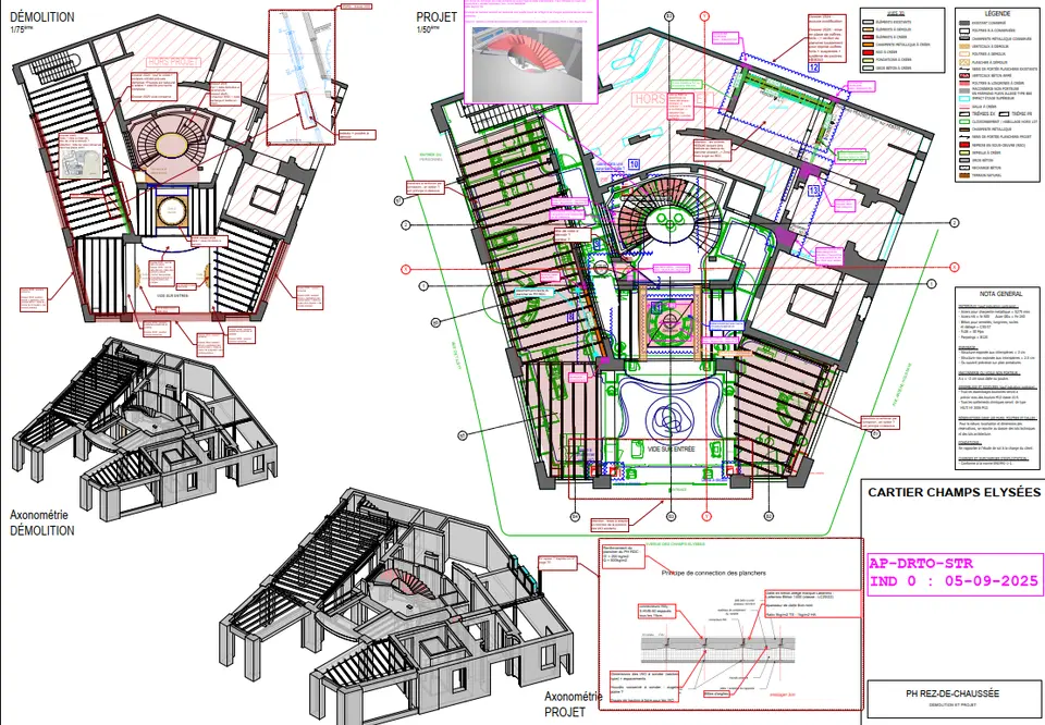 PH Rez-de-chaussée — cœur du projet. Encart 3D : l'escalier hélicoïdal spiralé, pièce architecturale majeure de la boutique, avec sa trémie ronde et ses reprises périphériques.