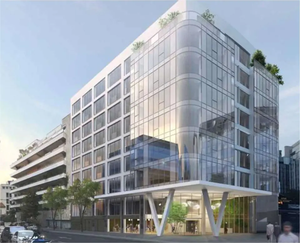 Rendu architectural du projet — façade vitrée incurvée et rez-de-chaussée sur poteaux en V.