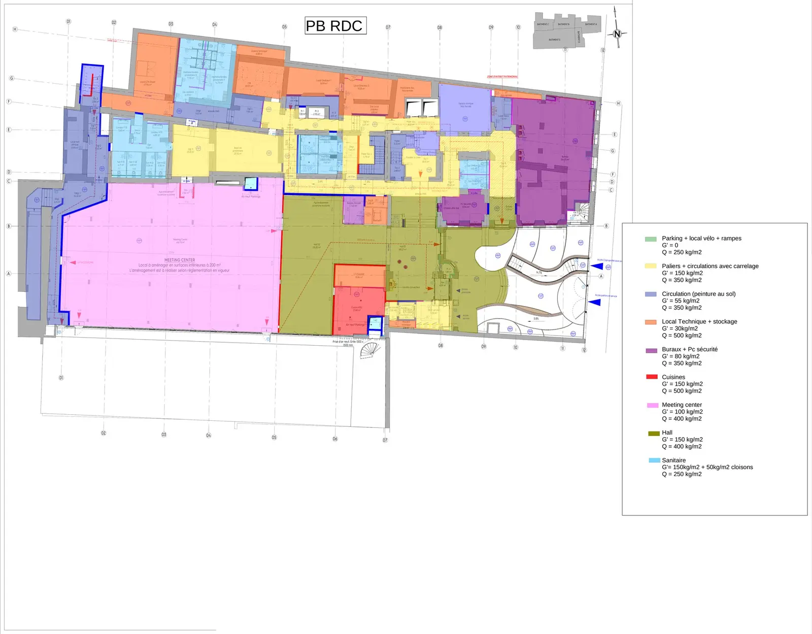Zoning des charges — PB RDC. 9 types d'usage identifiés : bureaux, meeting center, hall, cuisines, sanitaires, circulations, locaux techniques… jusqu'à Q=500 kg/m² pour les locaux techniques.