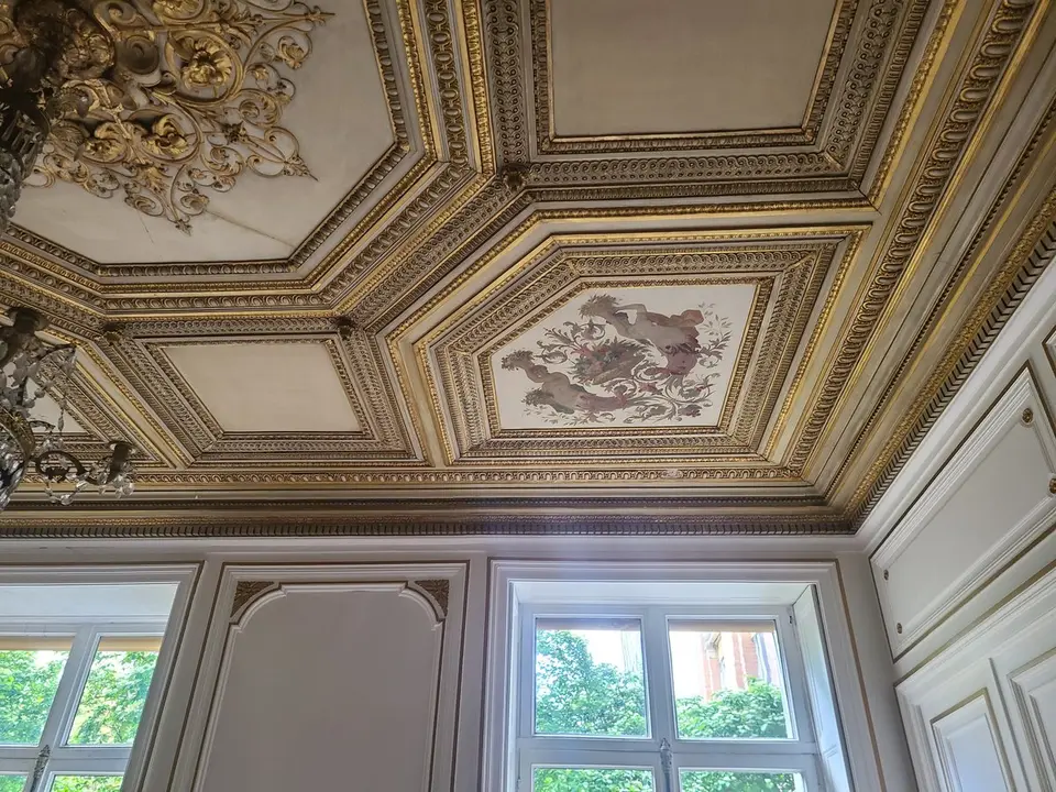 Plafond à caissons dorés avec peintures décoratives figuratives et rosaces sculptées — zone à conserver intégralement.