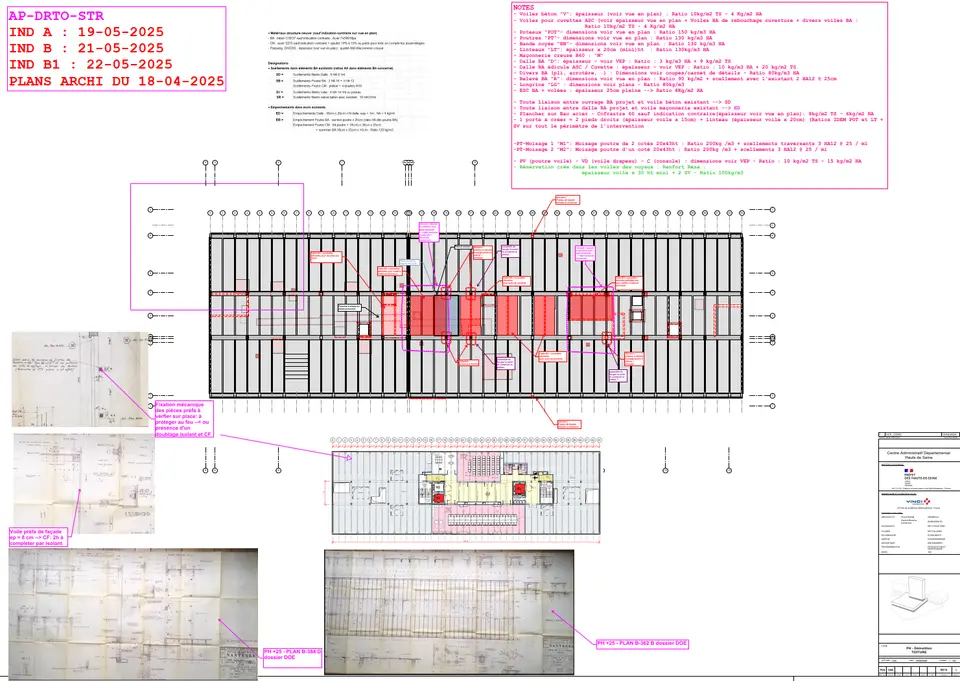 Avant-projet de concours (mai 2025) : plan de démolition en toiture, avec les plans d'archives des années 1960 exploités et annotés, et les ratios de scellements dans l'existant.