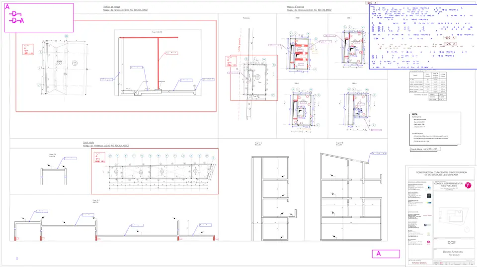 Avant-projet béton des annexes : station de lavage, maison d'exercice et local moto — plans, coupes et hypothèses.