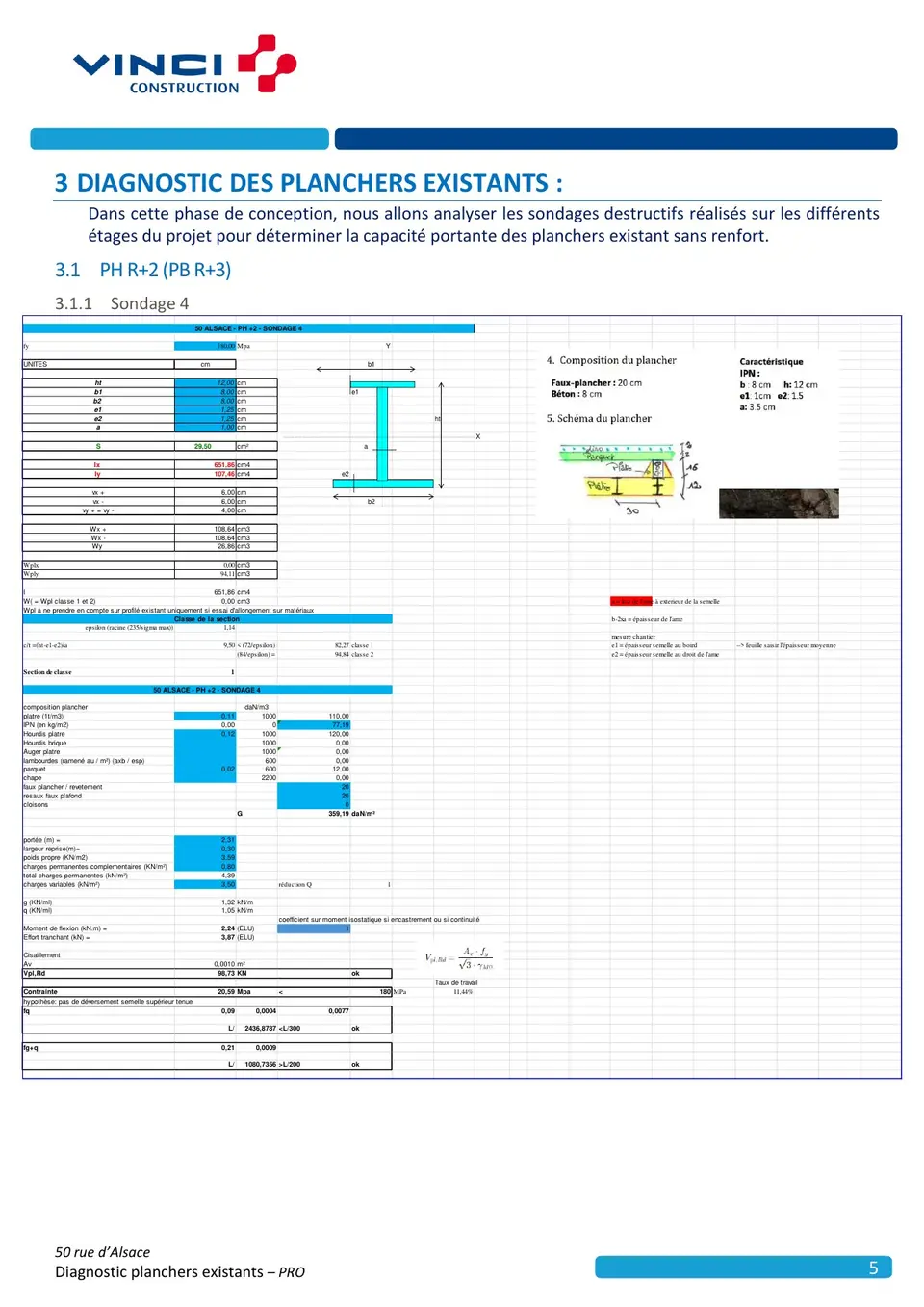 Fiche de calcul — Sondage 4, PH R+2. Vérification Eurocode 3 de la section IPN existante (fy = 180 MPa). Taux de travail : 11,4 %.