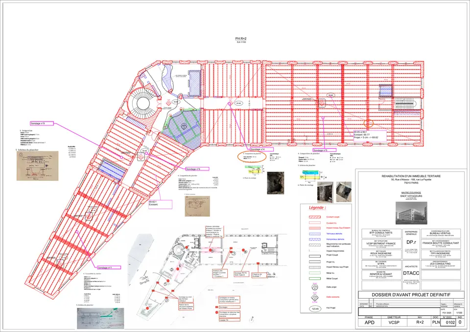 Plan diagnostic — PH R+2. Repérage des sondages 4, 5, 6, 7, 9 avec compositions relevées. IPN de portées 2,31 m à 6,10 m. Zones à renforcer identifiées.
