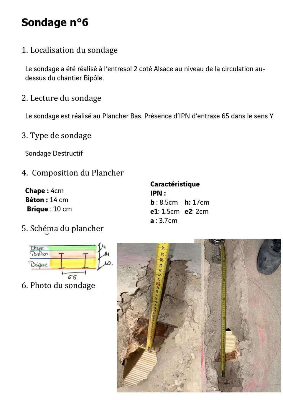 Sondage n°6 — Entresol 2, côté Alsace, circulation. IPN entraxe 65 cm. Photos de carottage : identification visuelle de la composition sur site.