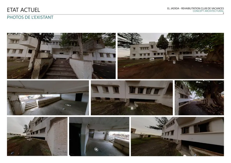Photos de l'existant — Bâtiment moderniste des années 1930-1950 : façades sobres en béton enduit, bandeaux horizontaux, composition symétrique typique du style international. Végétation dense sur le site, contrainte majeure pour l'implantation des étaiements provisoires.