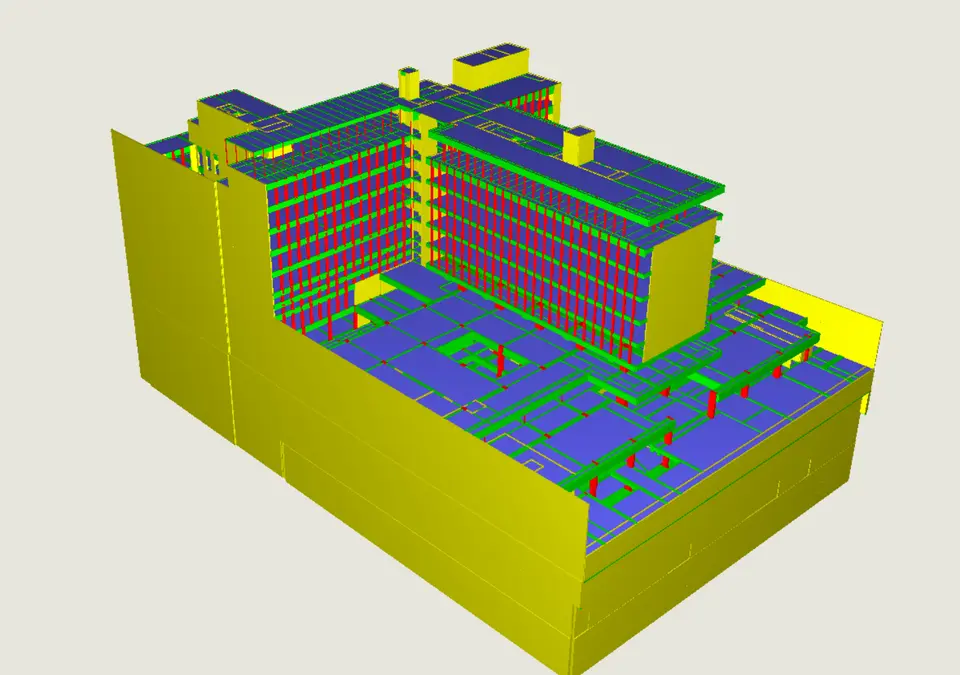 Vue 3D côté cour : le socle commun et les ailes de hauteurs différentes, modélisés en un seul modèle pour une descente de charges cohérente.