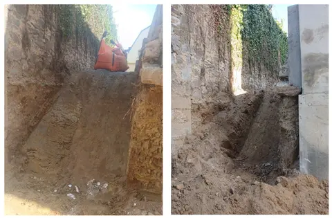 Les murs mitoyens existants en maçonnerie de pierre : l'ouvrage neuf vient s'insérer entre les deux.