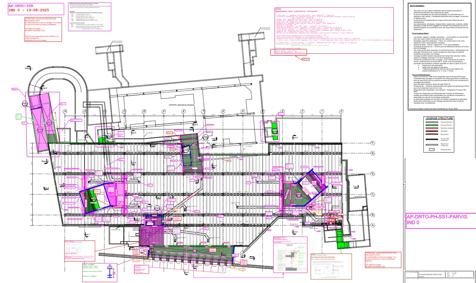 Plan de principe structure PH SS1 — vestibule d'accueil autour de la crypte archéologique conservée en partie centrale. Trame structure adaptée pour épouser strictement l'existant. Source : plan DCE, indice 0.