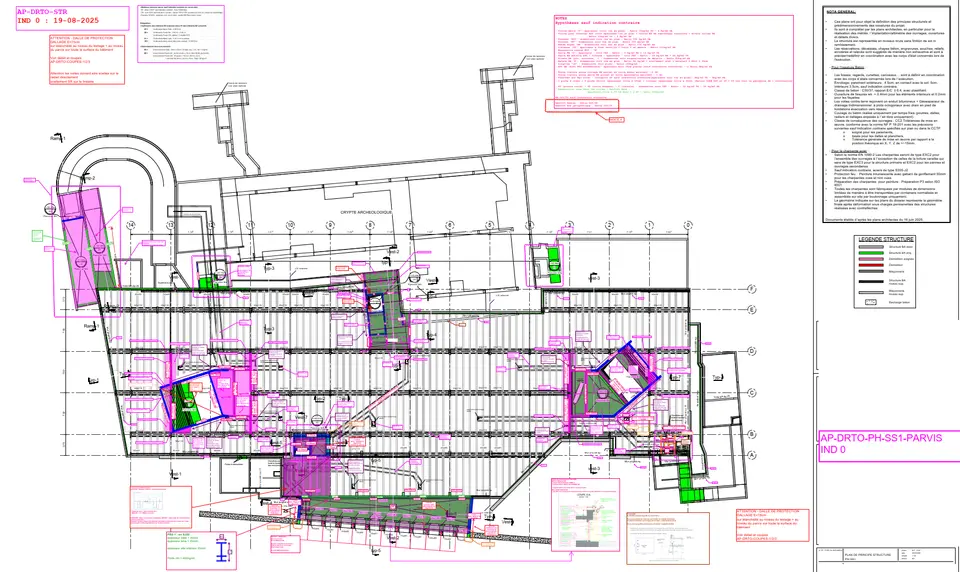 Plan de principe structure PH SS1 — vestibule d'accueil autour de la crypte archéologique conservée en partie centrale. Trame structure adaptée pour épouser strictement l'existant. Source : plan DCE, indice 0.
