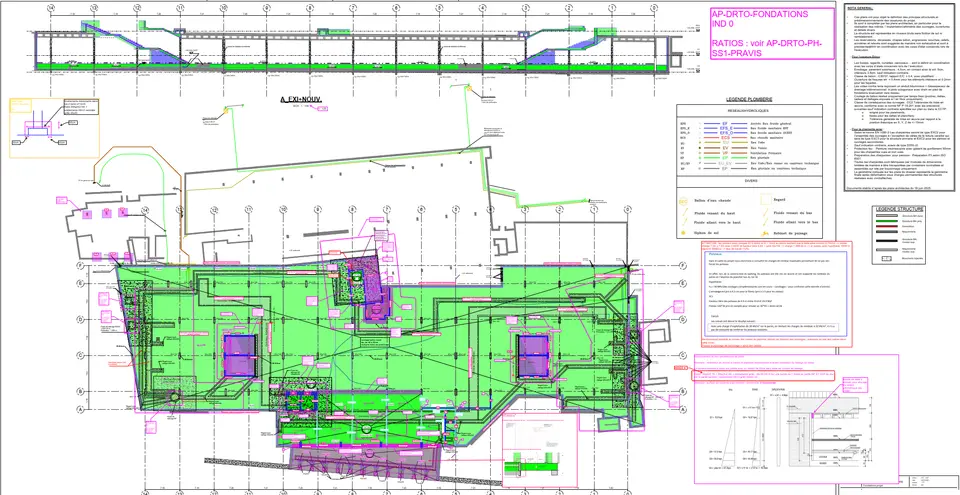Plan de fondations projet — radier renforcé (vert), poteaux existants conservés avec vérification analytique de la portance sous charges de parvis limitées à 32 kN/m² : argument économique fort de l'offre Vinci. Source : plan DCE.