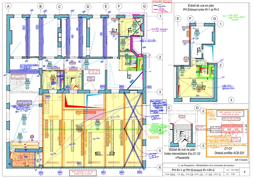 Plancher haut du R+1 et entresol : renforcement des planchers bois par profilés alvéolaires connectés, zones de stabilité provisoire et détail de la dalle collaborante.