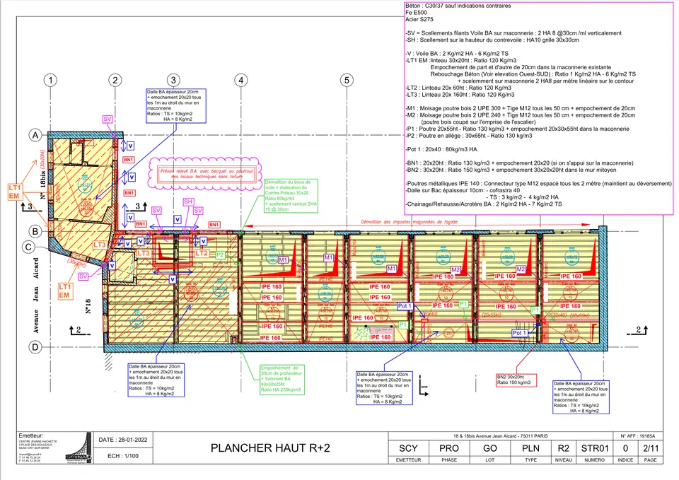 Plancher haut R+2 — repérages structurels, spécifications matériaux et ratios de ferraillage annotés en avant-projet.