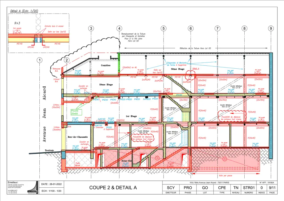 Coupe longitudinale — ensemble des interventions structurelles projetées, tous niveaux de l'infrastructure aux combles.