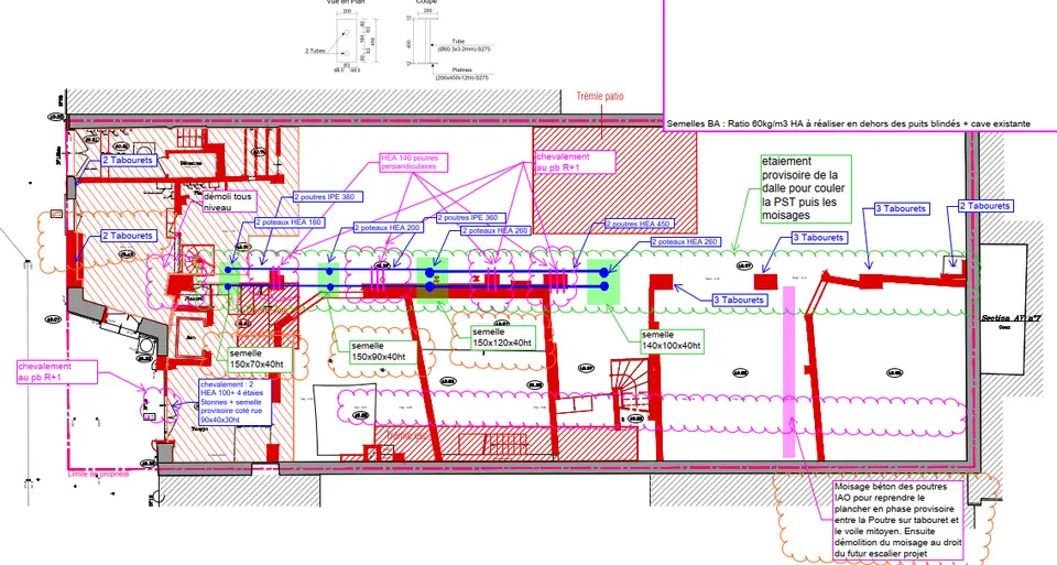 Avant-projet : chevalement + tabouret en phase provisoire de toute la façade