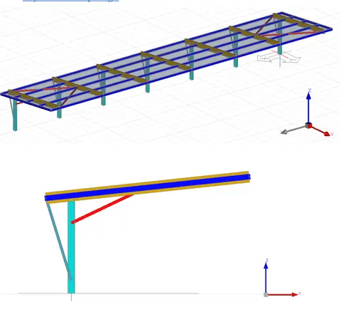 Modèle de l'ombrière photovoltaïque : structure support en console soumise au vent, à l'origine des efforts d'arrachement sur les massifs.