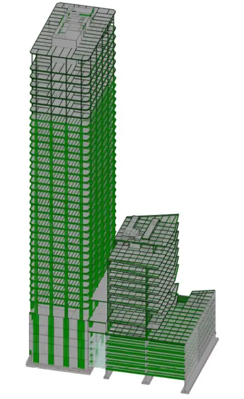 Maquette en éléments finis (Advance Design) — Tour Aurore avec le bâtiment mitoyen accolé. Le modèle couvre les trois phases d'analyse : existant, provisoire et projet.