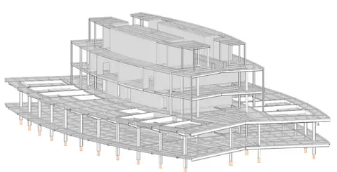 Volumétrie 3D détaillée d'une zone du projet — structure neuve en extension sur poteaux existants (en saumon).