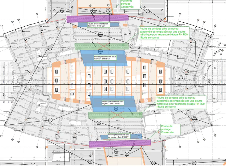 Plan de répartition des poutres de pontage — distinction entre poutres précontraintes conservées et poutres remplacées par des éléments métalliques.