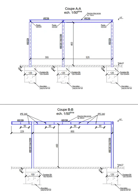 Vue en plan de la mezzanine : ossature métallique, solivage, plancher en tôles larmées et escalier d'accès.
