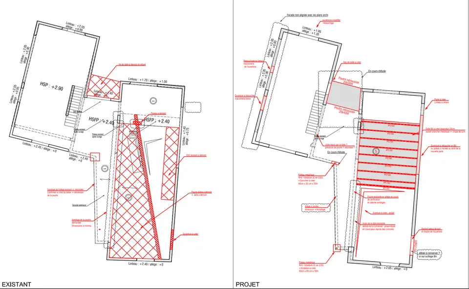 Plan existant / projet du niveau RDC : ouvertures modifiées, verrière sur structure dédiée et reprises en façade+ zone mezzanine.
