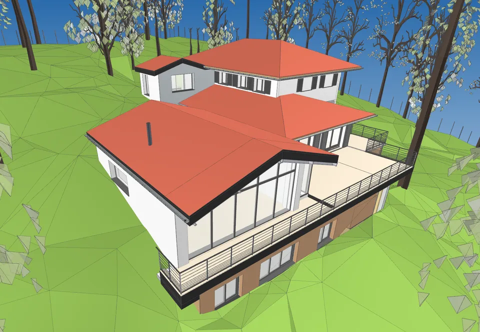 Maquette du projet : la villa existante et son extension sur le terrain en pente — Gif-sur-Yvette.